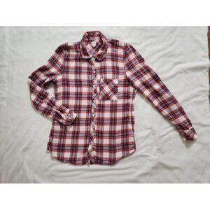 GAP Flannel Button Down Shirt Womens Medium White Red Blue Plaid Long Sleeve